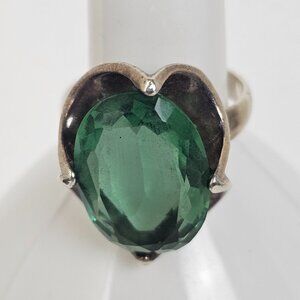 Vtg Sterling Silver Mexico 925 Ring Large Green Glass Belcher Statement Size 7.5